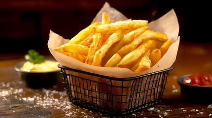 Golden french fries in a basket with condiments on table