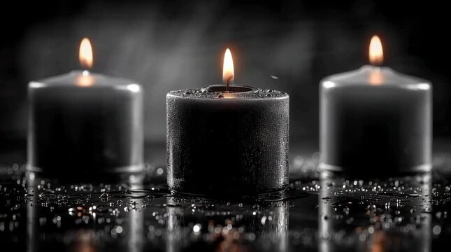 Three Dark Lit Candles on Wet Reflective Surface