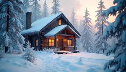 Cozy log cabin covered in fresh white snow in winter forest setting. Warm light shines from inside windows. Icicles hang from roof edge. Snow-covered pine trees stand tall around rustic house. Path