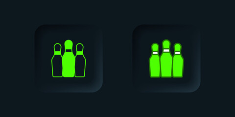 Green Bowling pin icon isolated on black background. Juggling clubs, circus skittles. Black square button. Vector