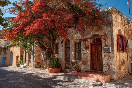 Scenic View of Traditional Dwellings and Timeless Structures in Archanes Village, Heraklion, Crete, Surrounded by Autumn Trees Under a Vibrant Sky