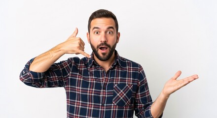 Naklejka premium Engaging with Customers Man Making Call Me Gesture Excited Expression of Shock and Astonishment Male Entrepreneur Communication Business Strategy Connection