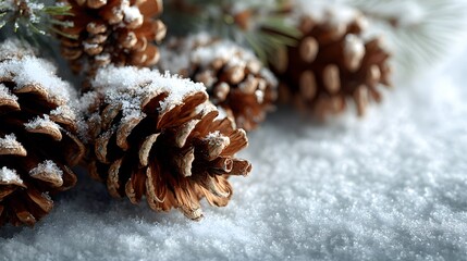 Minimalist, photorealistic top-down view of natural pinecones lightly dusted with fresh, glittering snow, arranged neatly on a bed of pristine snow.