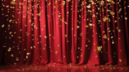 At a festive event, golden confetti gracefully falls from above, covering a rich red curtain and creating a joyful atmosphere in a lively theater