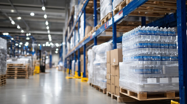 Close-up of pallets with packaged beverages, supermarket warehouse aisle perspective, neatly stacked and organized - Powered by Adobe