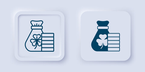 Filled and outline Money bag with clover trefoil leaf icon isolated on grey background. Happy Saint Patricks day. National Irish holiday. Square button. Vector