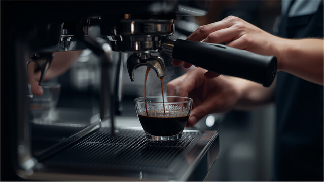 Espresso being poured into a clear glass cup from a portafilter.