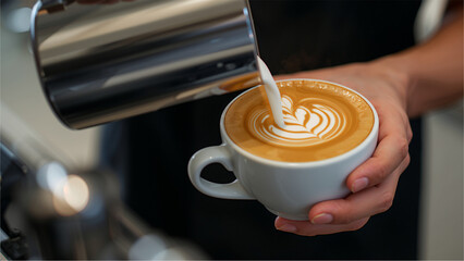 Close-up of a barista pouring milk into a cup of coffee, creating latte art.