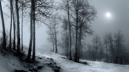Moonlit winter forest with bare trees standing in deep snow under a misty, eerie night sky