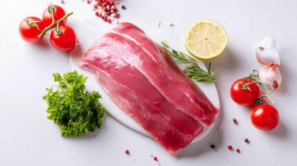 A vibrant pork filet sits on a white surface, surrounded by juicy red tomatoes, fresh herbs, slices of lemon, and whole garlic. The scene suggests a lively cooking preparation
