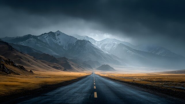 Moody and atmospheric, photorealistic photograph of a long, straight empty road leading towards a mysterious mountain range shrouded in dense fog.