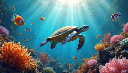 Sea turtle glides over colorful coral reef with small fish swimming around. Sunlight beams through clear blue ocean water illuminating marine life. Underwater ecosystem teeming with vibrant aquatic