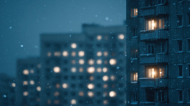 Snow falling around high-rise apartment buildings with warm illuminated windows creating a soft contrast against the cold blue winter night