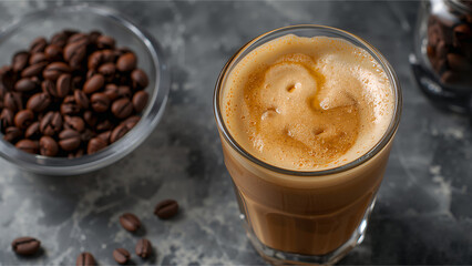 Iced latte in a glass with coffee beans on a marble surface.