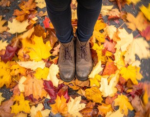 A person's feet in brown boots standing amidst a vibrant carpet of golden autumn maple leaves