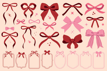 Red satin ribbons. Red ribbon with bows. Trendy hand drawn design for textiles, home decor, packaging. Vector bow and ribbon for Christmas gifts, Valentine's Day, birthday.Trendy cute girl accessories
