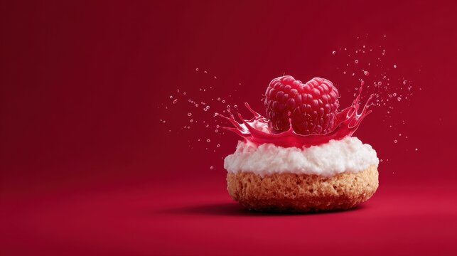 A raspberry splashes atop a cream dessert on a red background