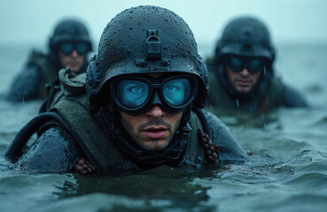 Military divers advance through water. Armed soldiers move carefully. Special forces frogmen perform covert mission in ocean. Navy seals training at sea in uniform. Teamwork, skills crucial for
