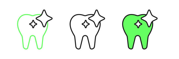 Set line Tooth whitening concept icon isolated on white background. Tooth symbol for dentistry clinic or dentist medical center. Vector