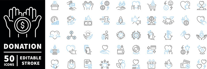 Charity and donation icons set. editable line icons, outline, fundraising symbols