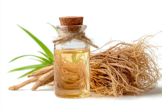 Vetiver Essence: Essential Oil in a Bottle with Roots, Isolated Against a White Backdrop