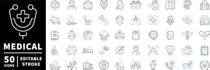 Medical and healthcare icons set. editable line icons, outline, health symbols