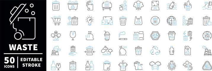 Waste management icons set. editable line icons with recycling and disposal symbols