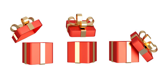 Set of red gift box with golden ribbon isolated on white