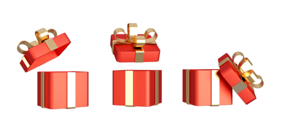 Set of red gift box with golden ribbon isolated on white