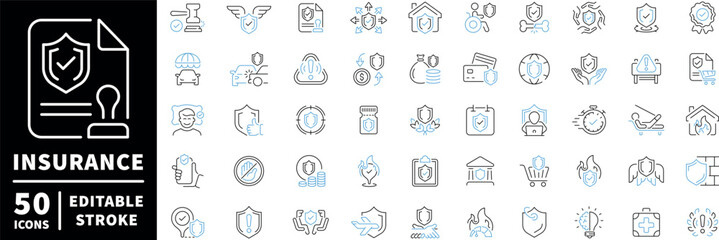 Insurance icons set. editable line icons, outline, protection and security symbols
