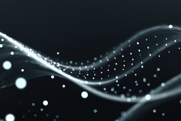 Abstract dark grey backdrop with glowing white dots, flowing waves, and luminous particle smoke effect, ideal for futuristic technology visuals, digital backgrounds, and sci-fi presentations.