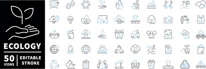 Ecosystem and conservation icons set. editable line icons, outline, nature, green