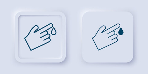Fototapeta premium Filled and outline Hand finger with blood drops icon isolated on isolated on grey background. Diabetes, sugar blood. Square button. Vector