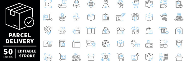Parcel delivery icons set. editable line icons, package and shipping symbols