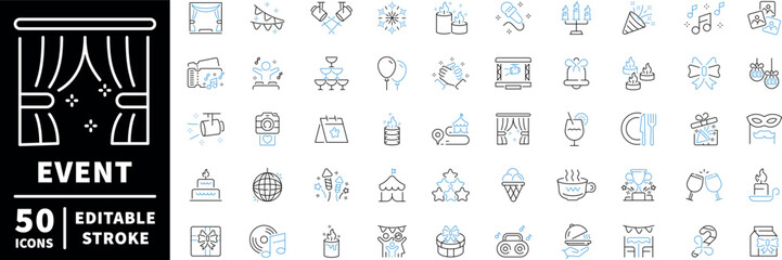 Event and party icons set. editable line icons, outline, celebration, festive symbols