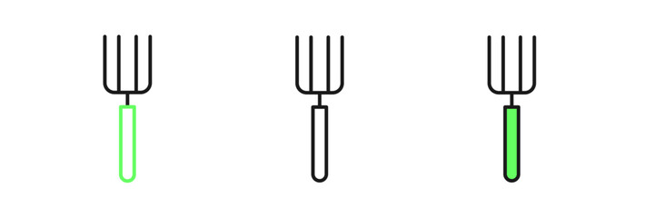 Set line Garden pitchfork icon isolated on white background. Garden fork sign. Tool for horticulture, agriculture, farming. Vector