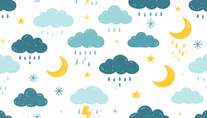 Seamless pattern of cute cartoon clouds, moons, stars, and rain image photo