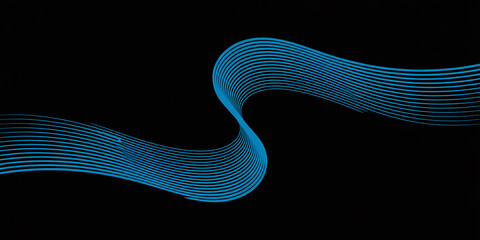 Single blue wavy line with thin parallel stripes on black background abstract curve