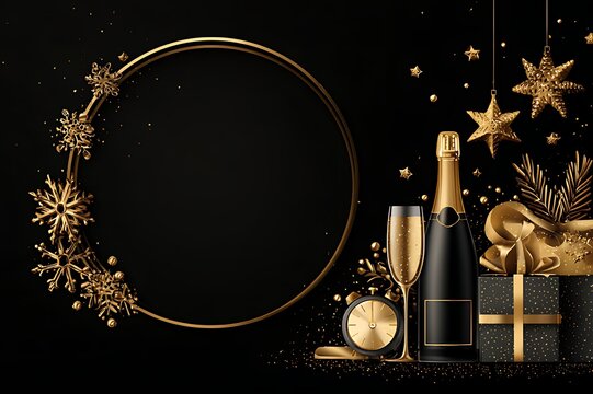 Elegant new year celebration with champagne gifts and golden decorative elements