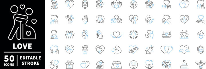Love icons set. editable line icons, outline design, romance and affection symbols