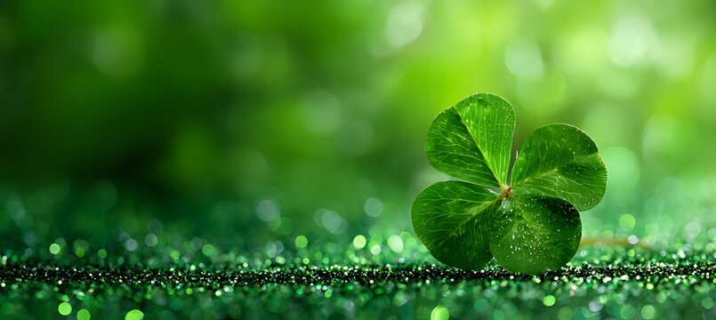 A vibrant four leaf clover rests amongst lush green grass and dew