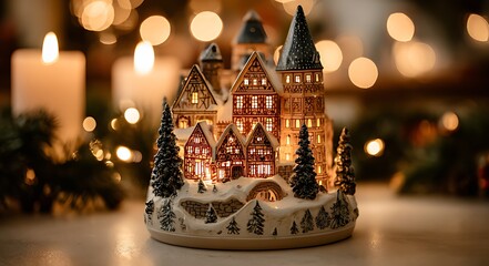 Illuminated miniature christmas village with snowy trees and warm candlelight glow