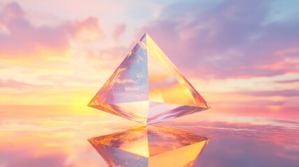 Crystal Pyramid Floating Above Reflective Surface Against a Colorful Sky.