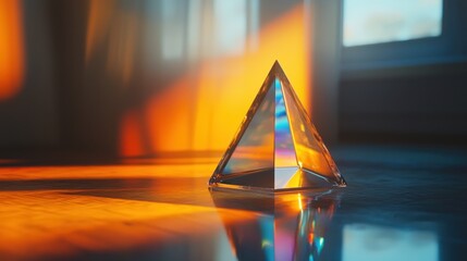 Prism refracting light into spectrum colors on reflective surface.