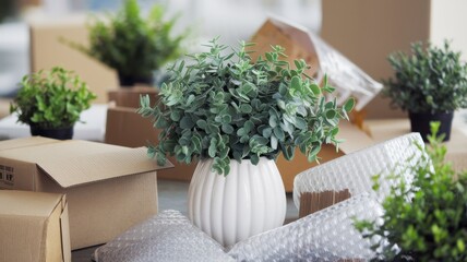 Moving day, potted plants amongst packing boxes.