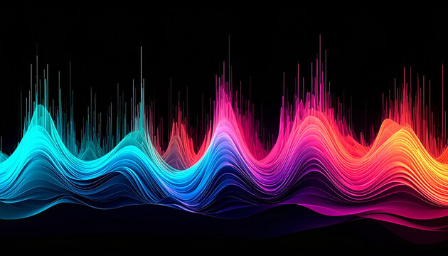 Vibrant Neon Sound Waveform with Rainbow Colors on Black Background equalizer music
