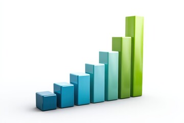 A 3D render of a bar chart growing upwards with colorful bars (blue, green). Isolated on a plain white background. Concept of financial growth, data analysis, and statistics.