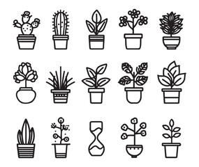 A set of simple line art vector icons featuring potted plants and flowers design