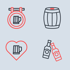 Set line Wooden barrel, Heart with glass of beer, Beer bottle and Street signboard icon. Vector