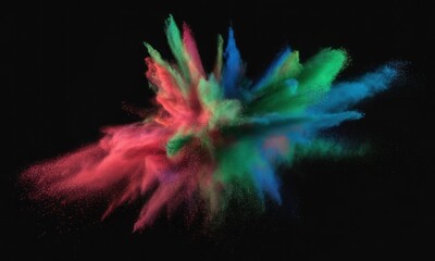 A vivid cloud of colored powder bursts outwards against a stark black background